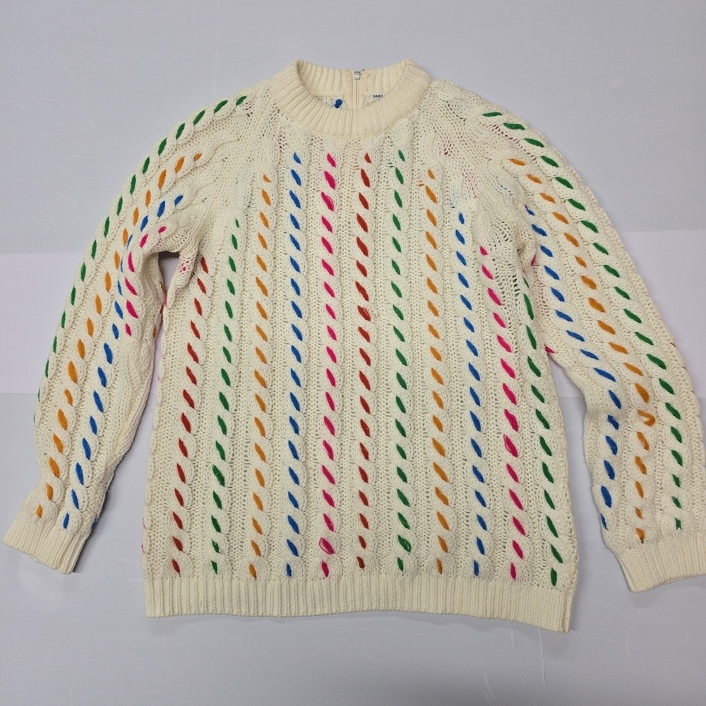 Vintage Hand Loomed Rainbow Cable Knit Sweater Cream White Multi WPL13519